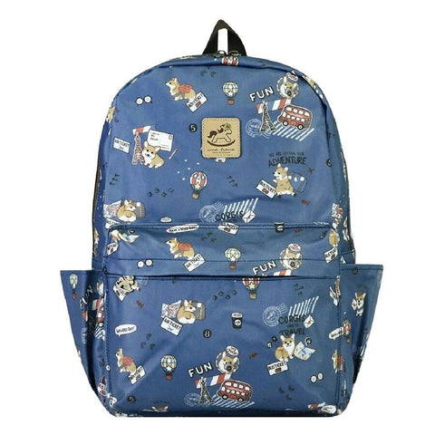 A large Tworgis backpack with a traveling Corgi design