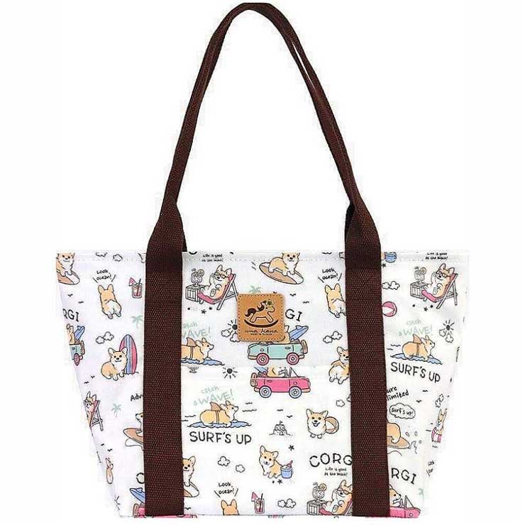 white back to school tote with corgi pattern