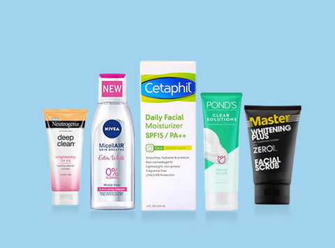 Neutrogena Deep Clean Brightening Facial Cleanser, Nivea MiscellaAir Skin Breathe Extra White Toner, Cetaphil Daily Facial Moisturizer SPF15, Ponds Clear Solution Facial Scrub, and Master Whitening Plus ZerOil Facial Scrub from Southstar Drug