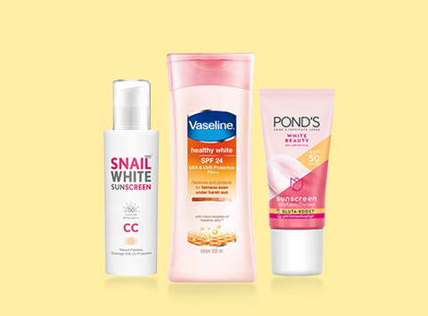Snailwhite Sunscreen, Vaseline Healthy White Lotion, and Ponds White Beauty Sunscreen from Southstar Drug
