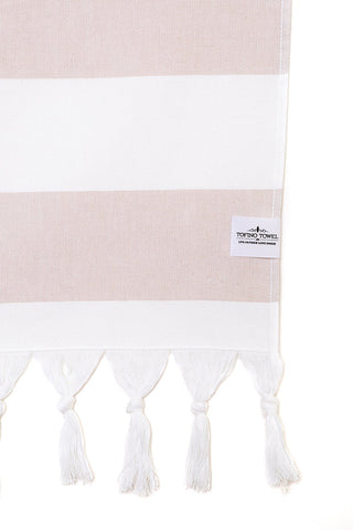 Beige and white stripe Tofino Towel with fringe