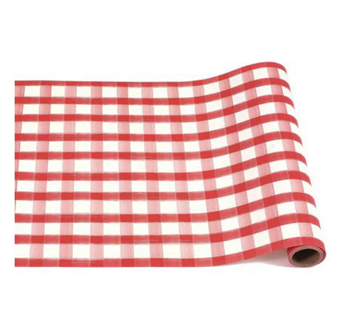 Roll of red checked paper table runner.