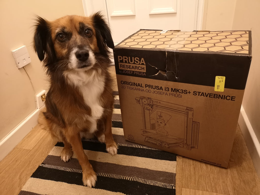 my dog sat next to a newly arrived delivery of a Prusa 3D printer