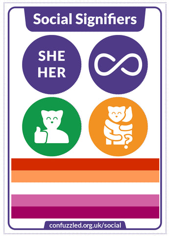 My social signifiers, pronouns she/her, neurodivergent, okay to approach, ask for hugs, lesbian pride flag