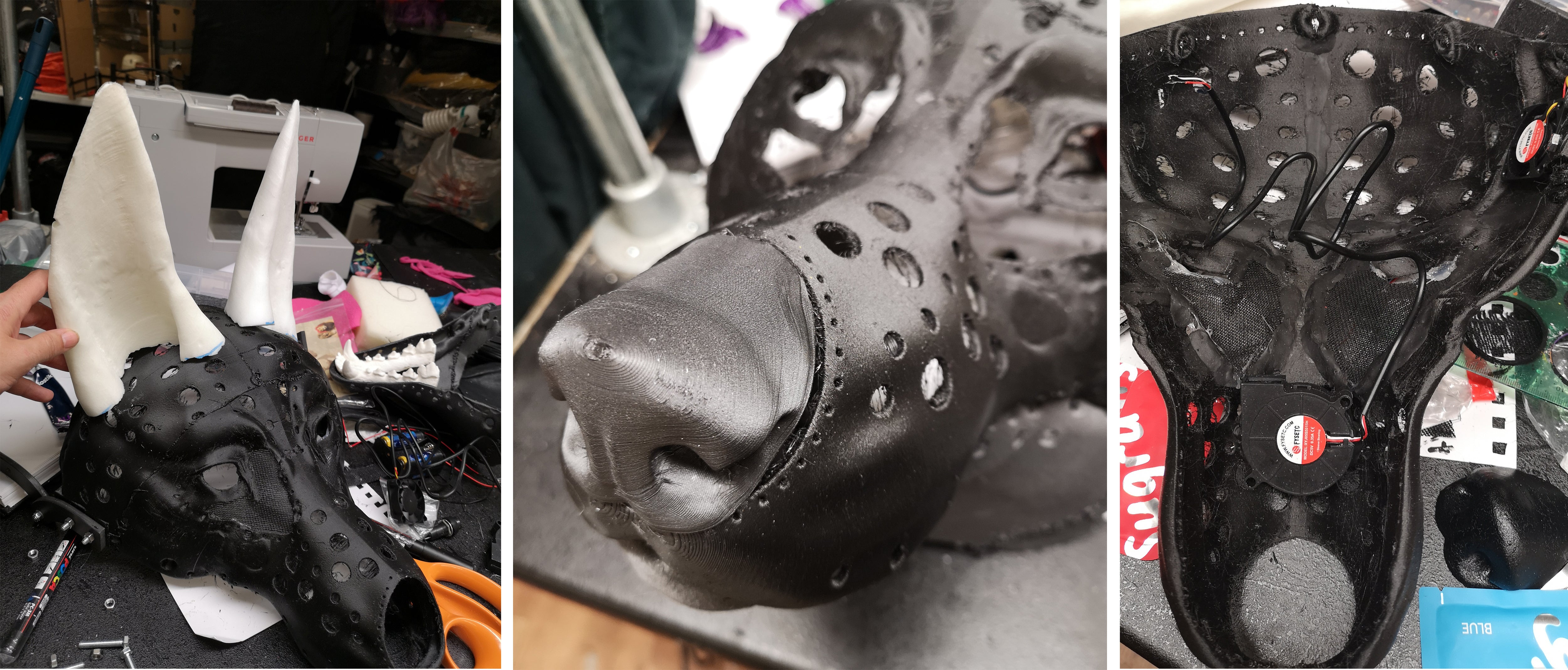 A series of three photos showing the progress of a semi realistic wolf costume head being assembled