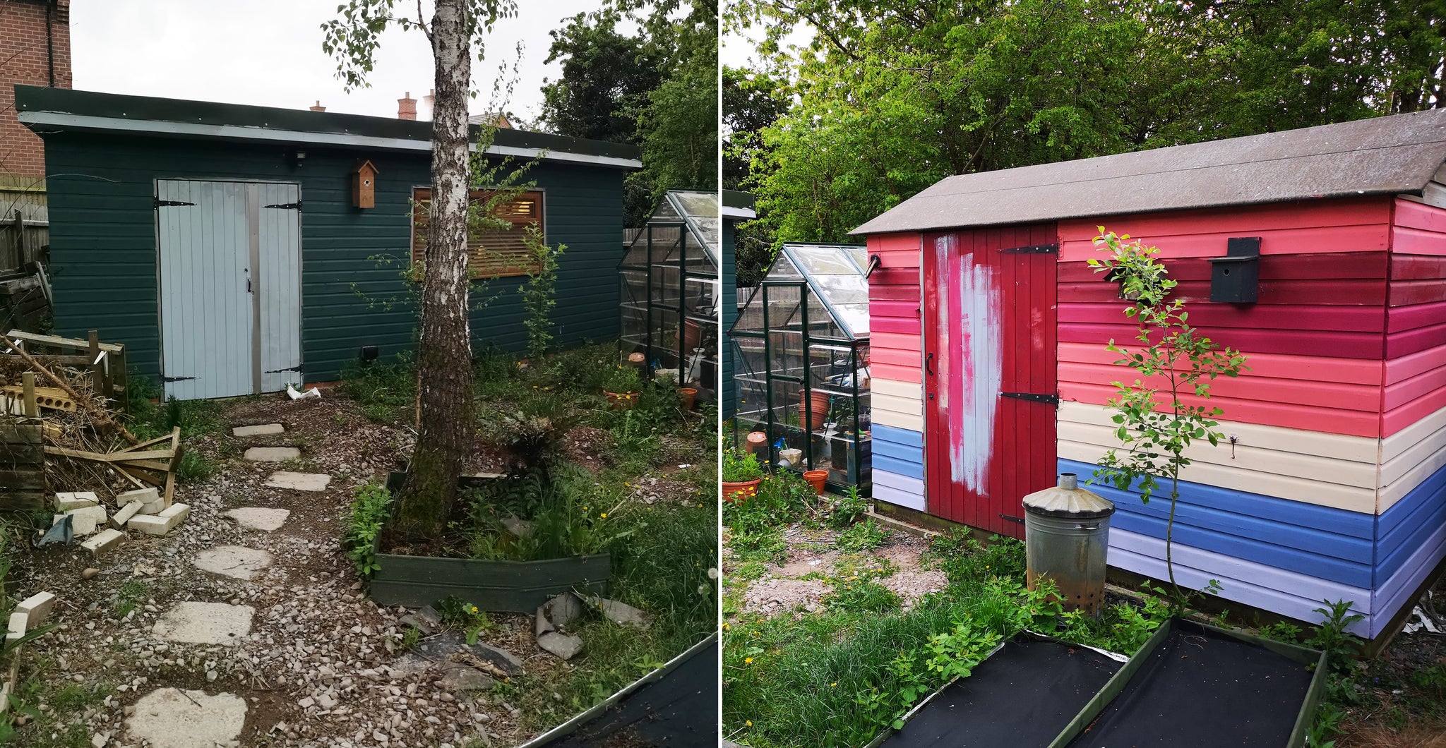 photos of the garden space outside of runaway workshop, a brightly painted shed in shades of pink and blue, and a half built stone pathway to a large green out building with lots of trees and greenery surrounding it