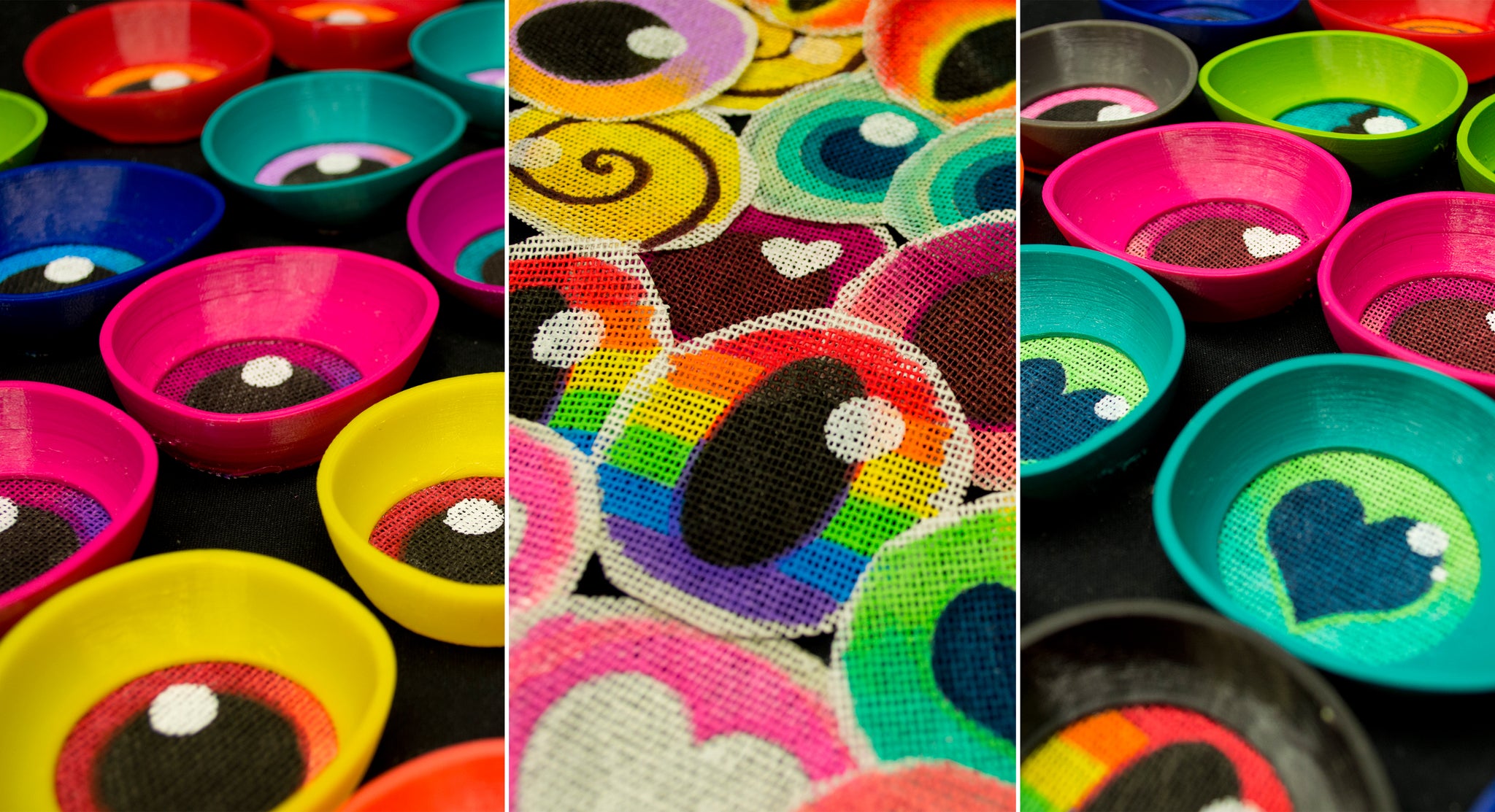A bright and colourful collage of my new fursuit eyes in all of their colours and variations.