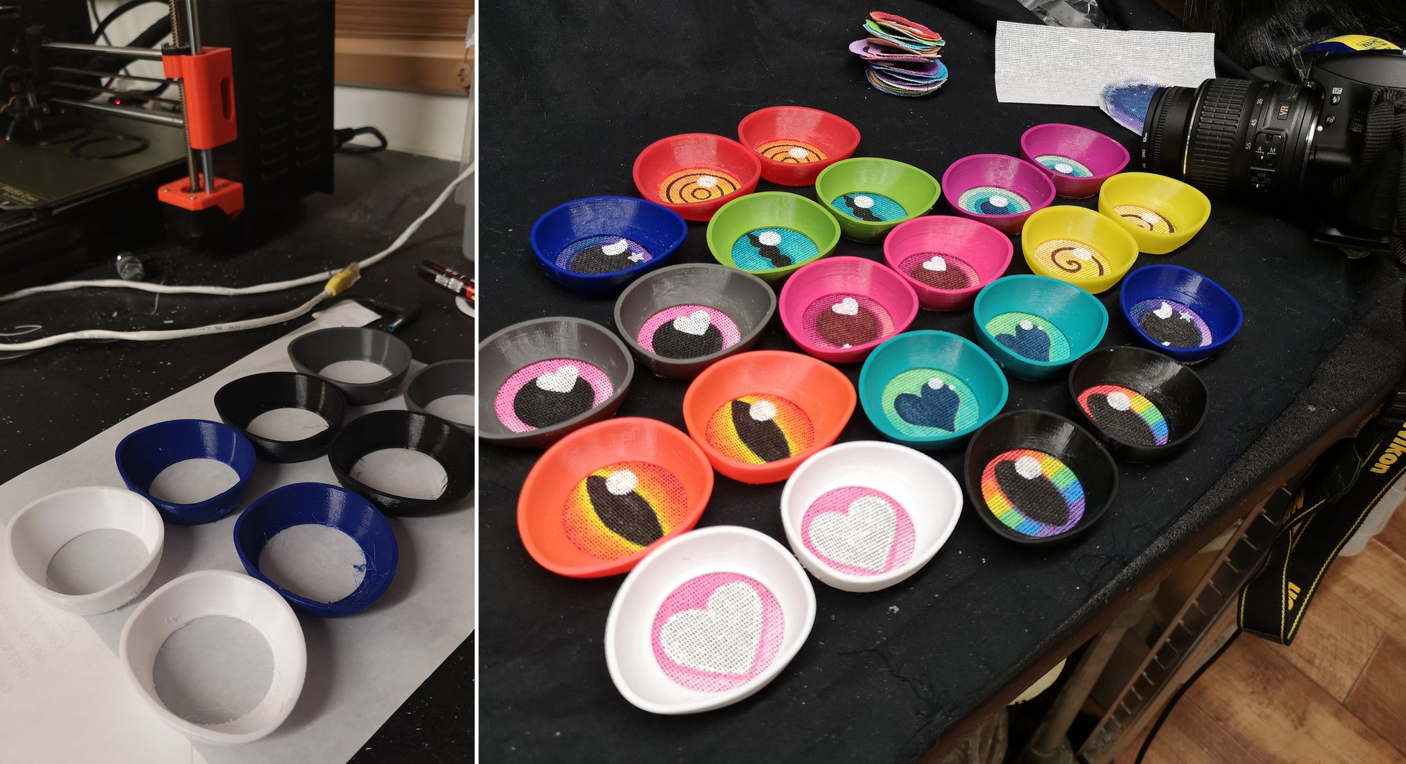 a collage of 3D printed fursuit eyes in multiple colours as they are being made, and photographed 