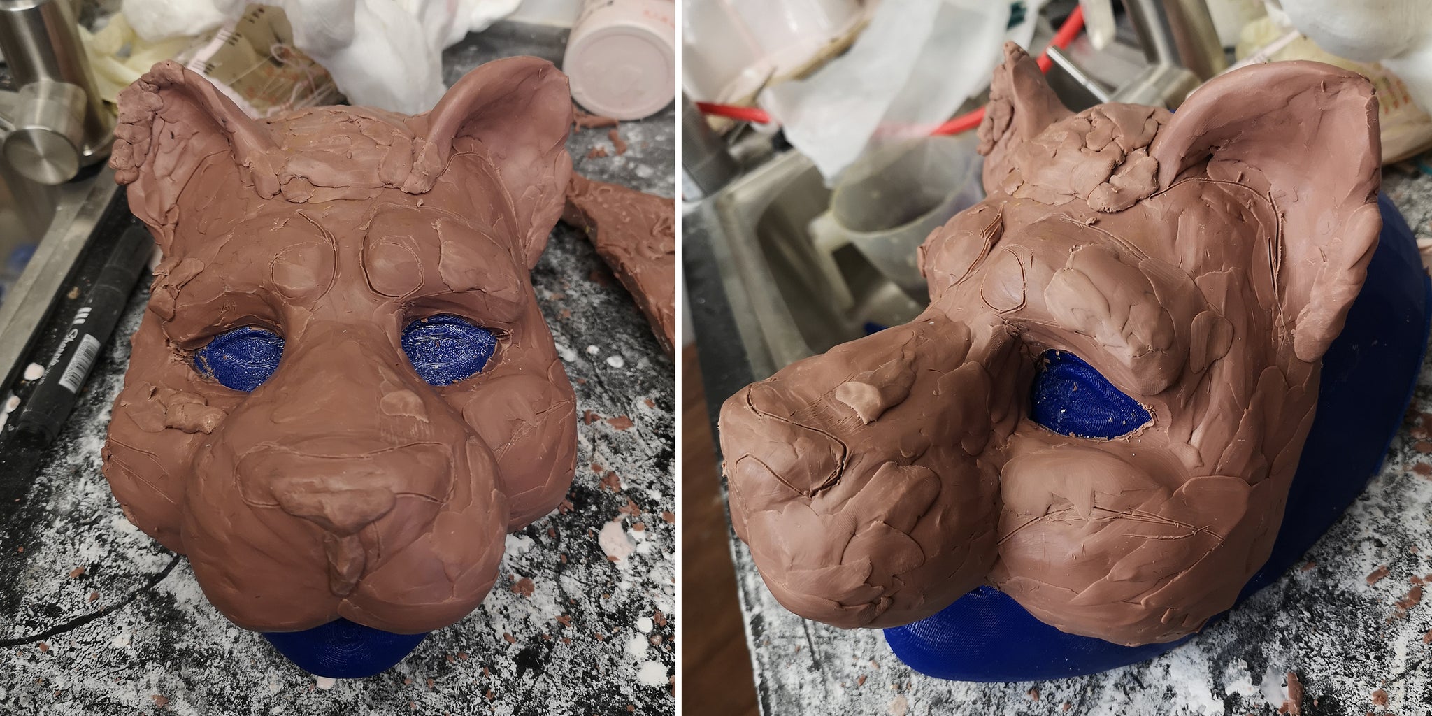 early shape of the cat like mask sculpt in clay