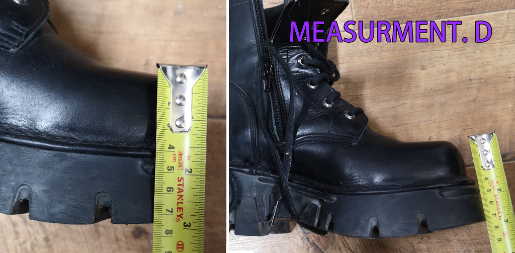 Measuring how tall the toes of the boots are, from the top of the toe, down to the floor, or end of the sole, for measurment D