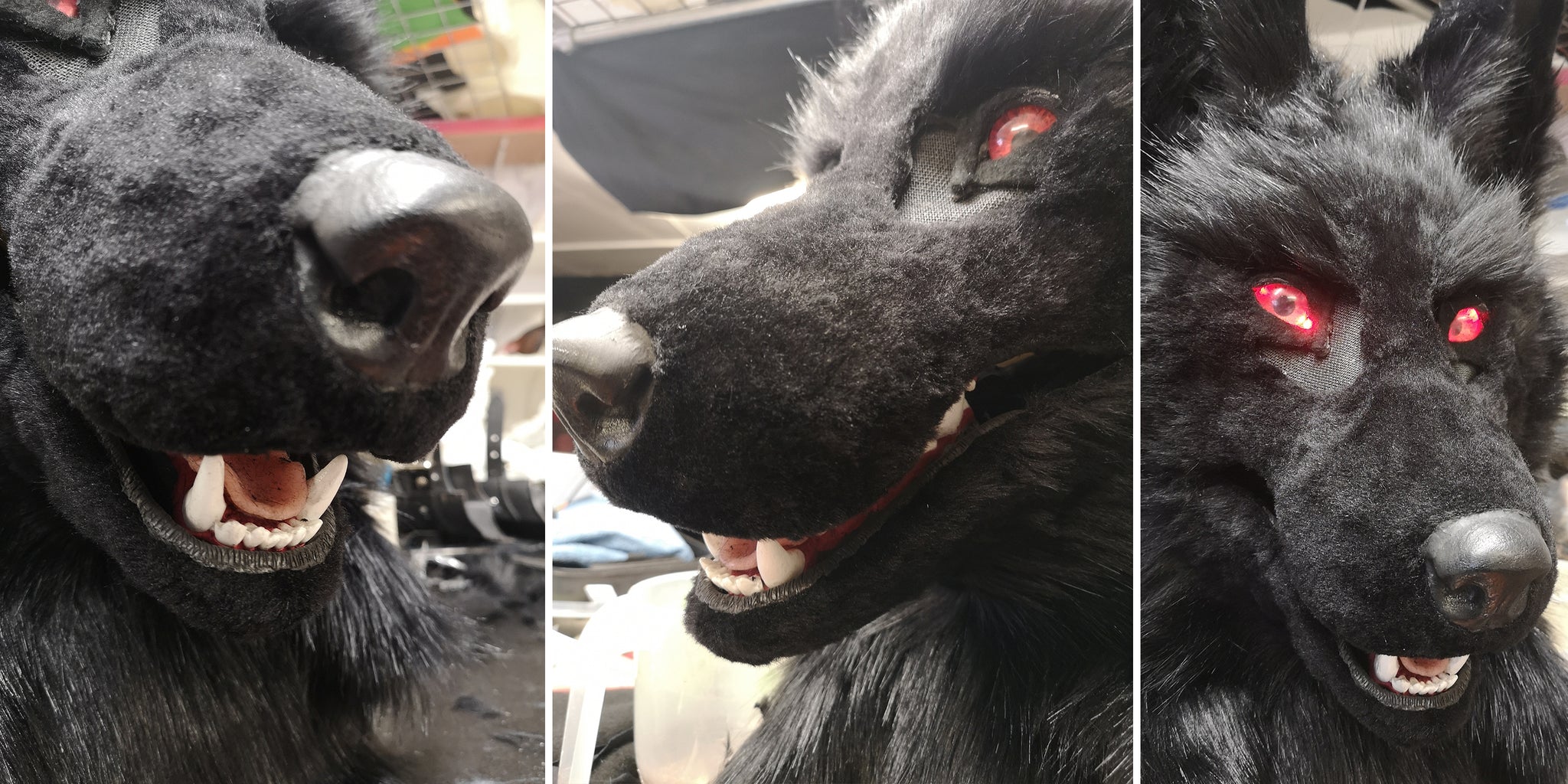 collage of photos of the black wolf commission, showing details inside the mouth and also the red light up eyes