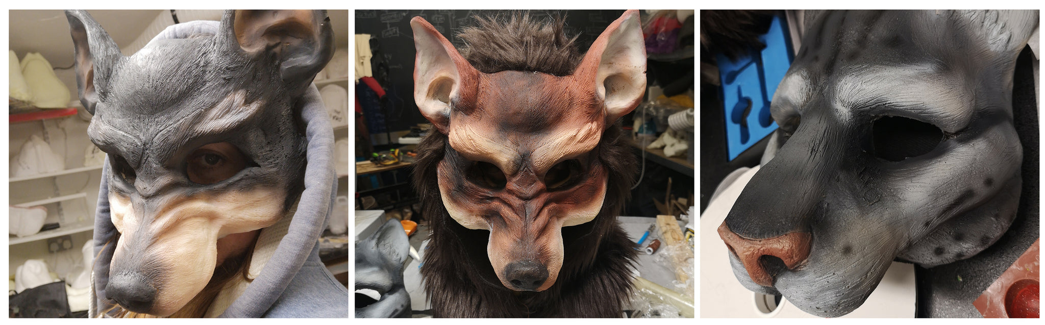 Images of the wolf mask and feline masks painted in realistic patterns. the first wolf is painted grey with tan muzzle, the second wolf is reddy brown with an added fur hood, finally the feline is grey with white striped detailing