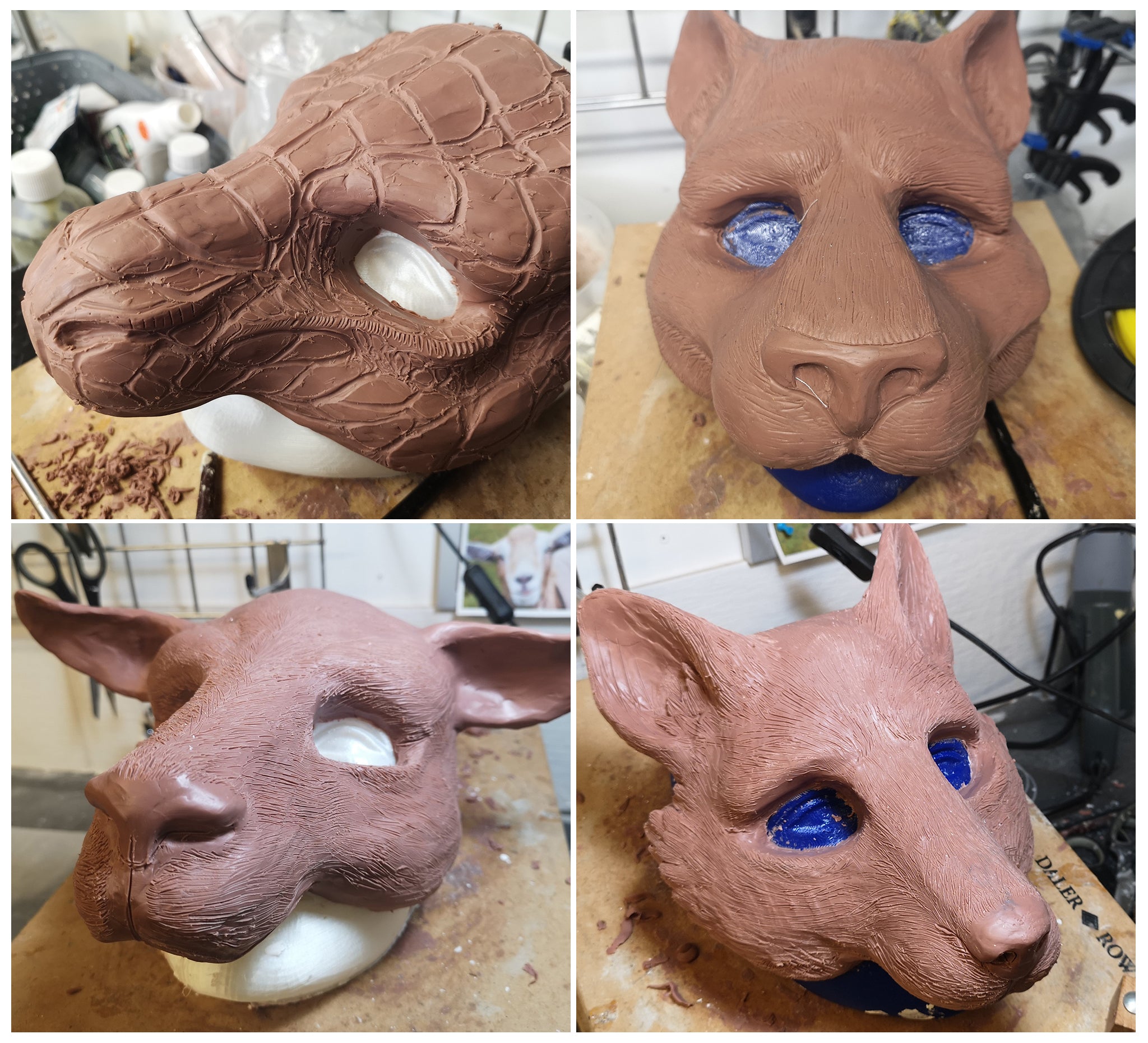 collage of photos depicting the clay sculpts of four animal masks. One lizzard, one cat, one goat and finally a fox