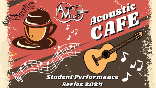 Intimate acoustic performance at Arden's Music's Acoustic Cafe, featuring a student playing in a cozy coffeehouse setting.