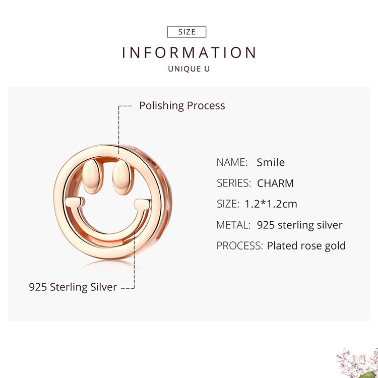 Rose Gold Smiling Face 925 Sterling Silver Clip Charm
