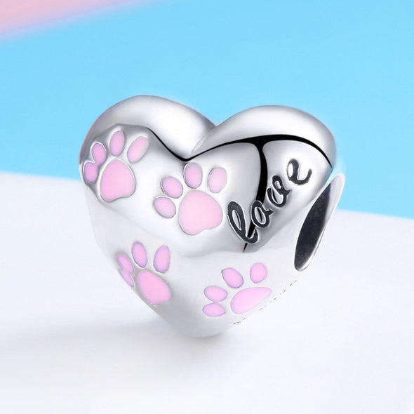Heart Shape Pink Cat's Paw 925 Sterling Silver Bead Charm - jolics