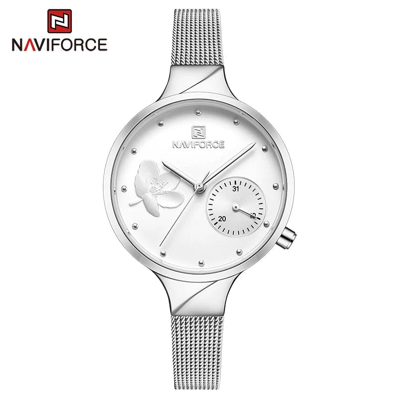 NAVIFORCE- Ladies Rhinestone Stainless Steel Chronograph Wrist Watch With Brand Box - NF5001 Silver  NAVIFORCE 