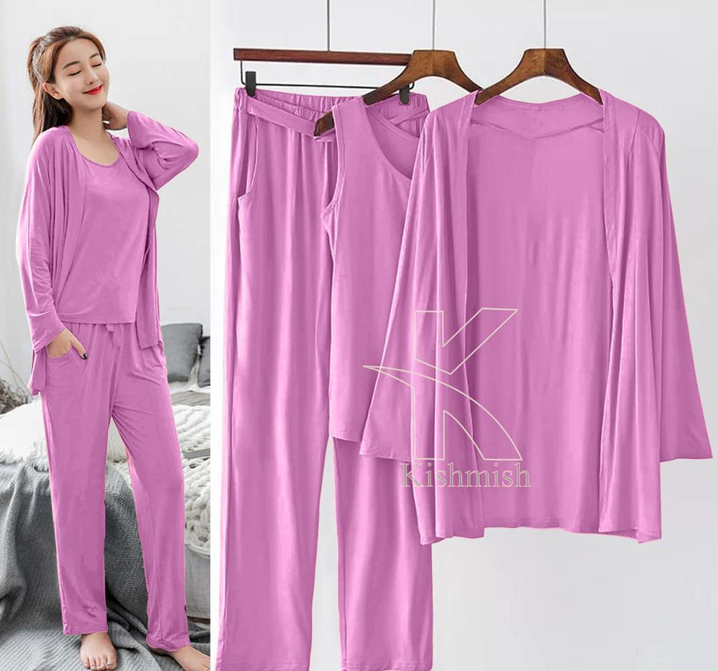 Emerce- 3Pc Night Suit With Gaon - Pink – Bagallery