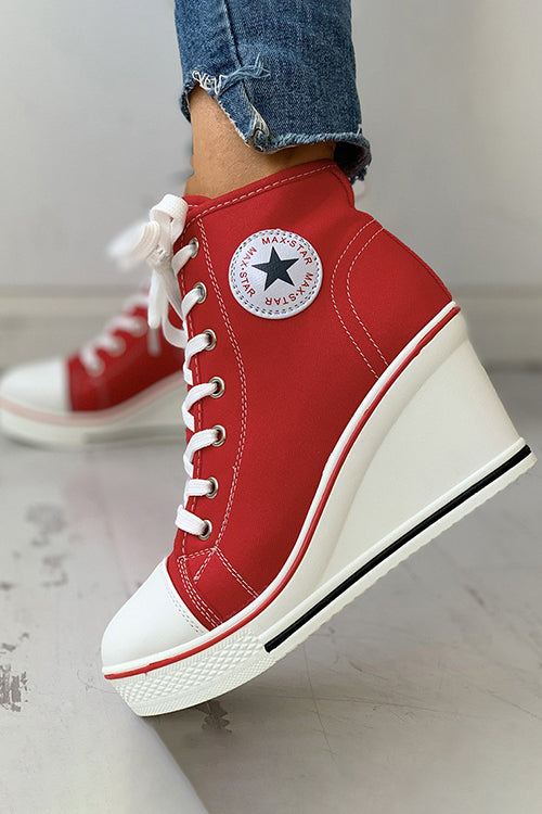 Eyelet Lace-Up Platform Wedge Sneakers 