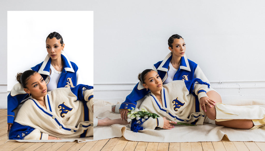 Lookbook 1 Image of Models wearing Varsity Cardigan and Varsity Jacket in Royal Blue