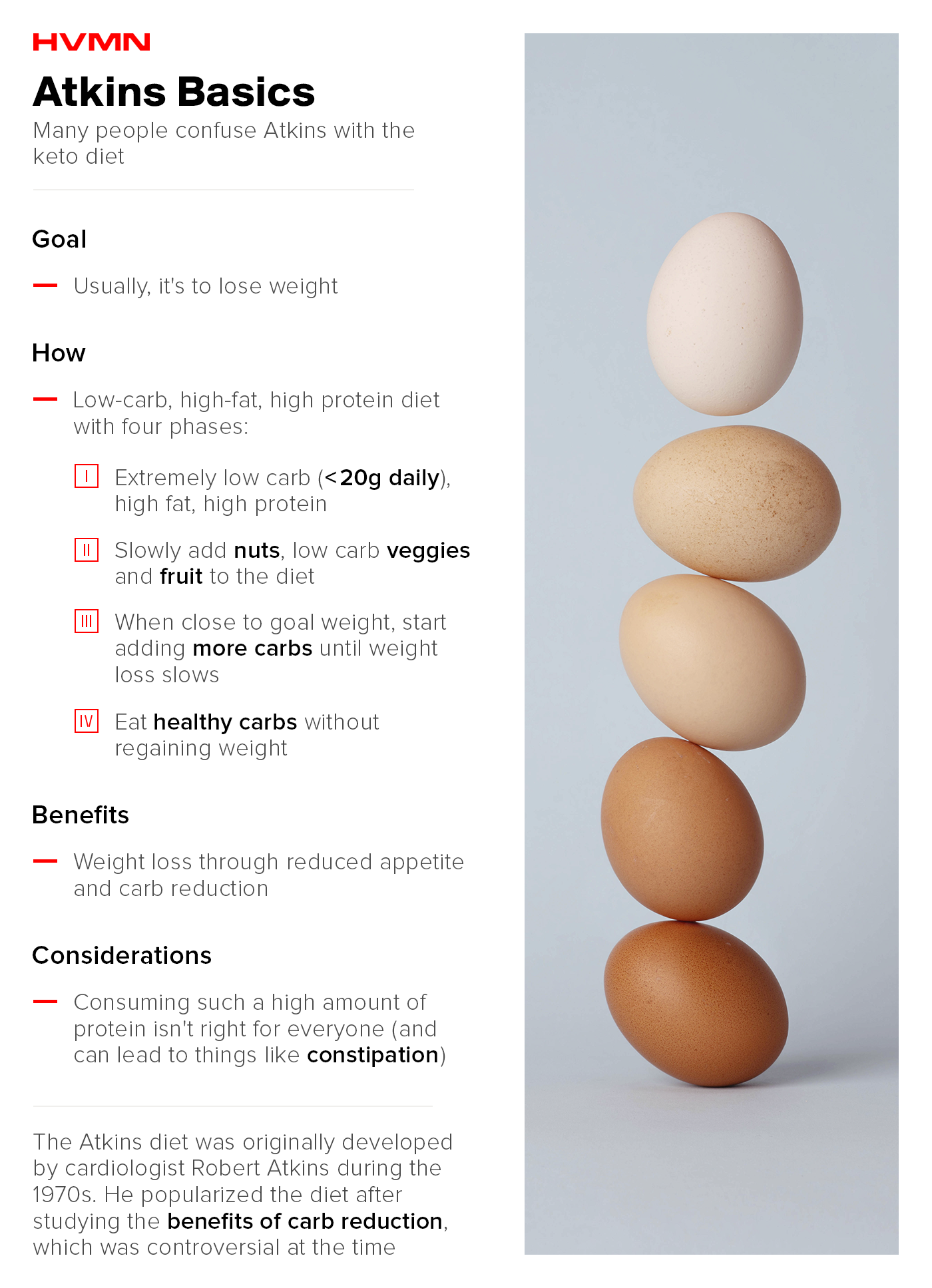 Different colored eggs stacked on each other, showing the benefits of the Atkins diet