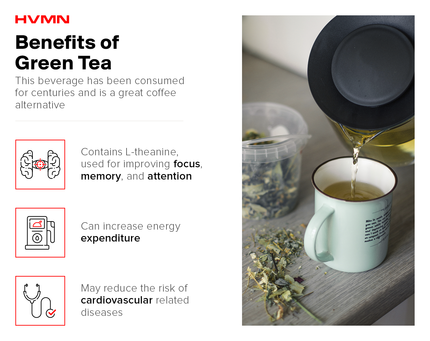 An image of a cup of tea being poured, with icons of a brain, a gas meter and a stethoscope, showing the benefits of green tea 