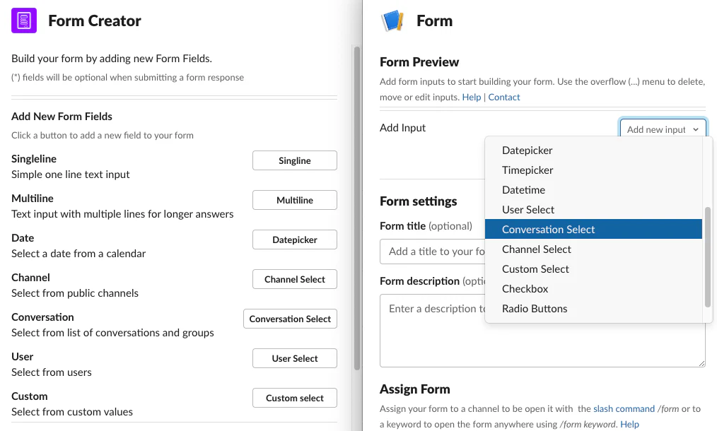 slack forms input selector comparison