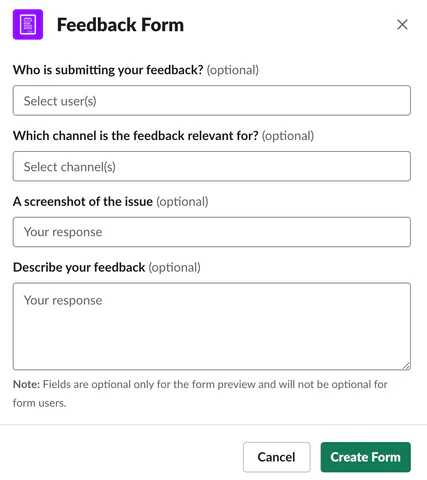 feedback form in slack preview