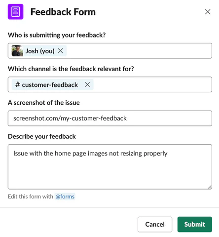 feedback form in slack example response