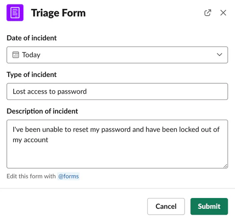 slack triage form example response