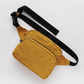yellow rectangular fanny pack with two zippers and thick black strap and buckle 