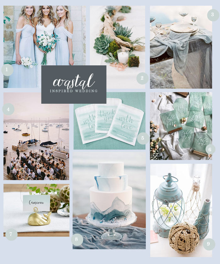 Coastal Inspired Wedding Collage | 9 Ideas for a Coastal Wedding | My Wedding Favors