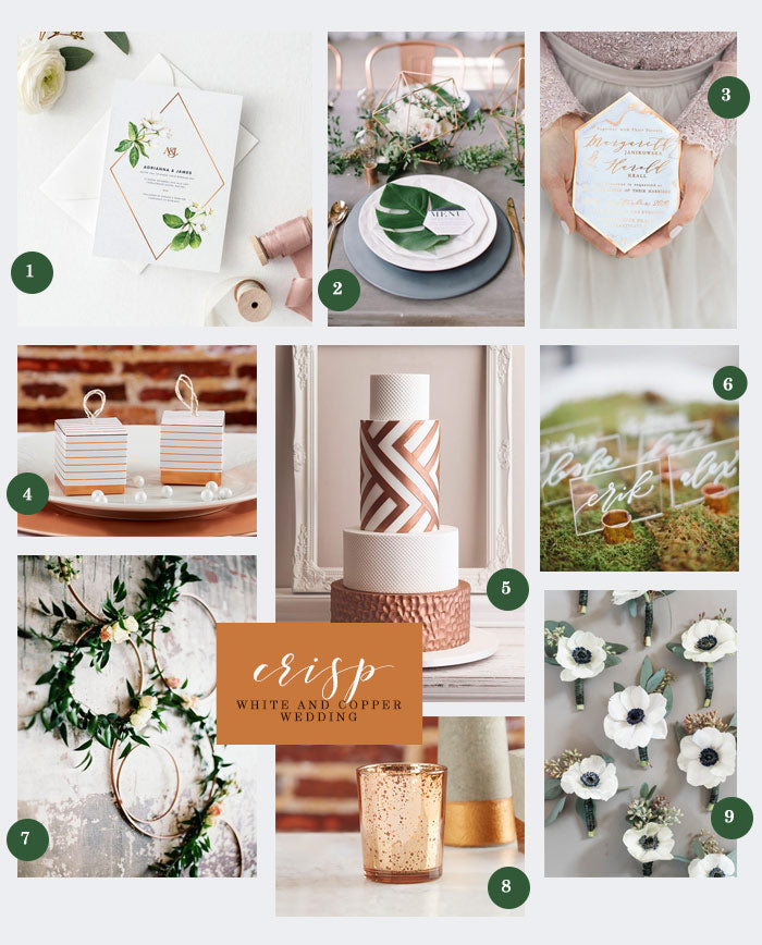 Crisp White and Copper Wedding Collage | Inspiration for a Crisp White and Copper Wedding | My Wedding Favors