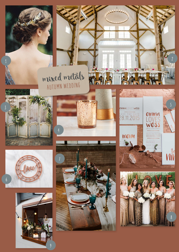 Mixed Metals Autumn Wedding Collage | 9 Ideas for a Mixed Metals Autumn Wedding | My Wedding Favors