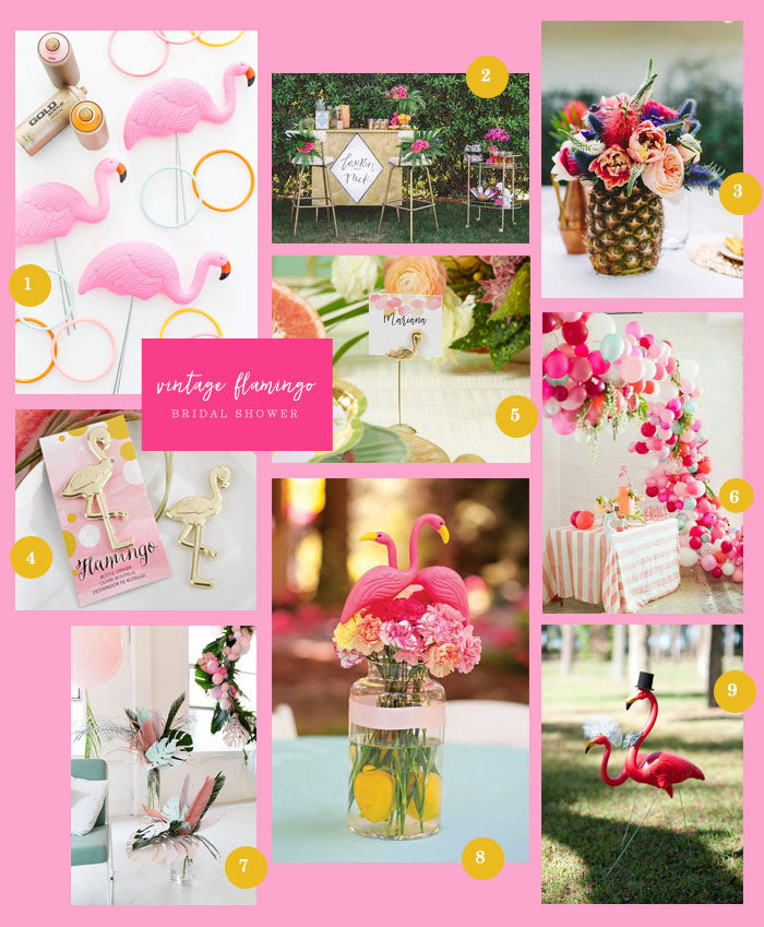 Vintage Flamingo Bridal Shower Collage | 9 Ideas for a Vintage Flamingo Bridal Shower | My Wedding Favors