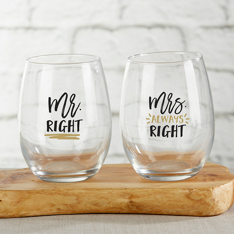 Mr. Right Mrs. Right Stemless Wine Glass | 6 Glassware Gifts for the Bride and Groom | My Wedding Favors