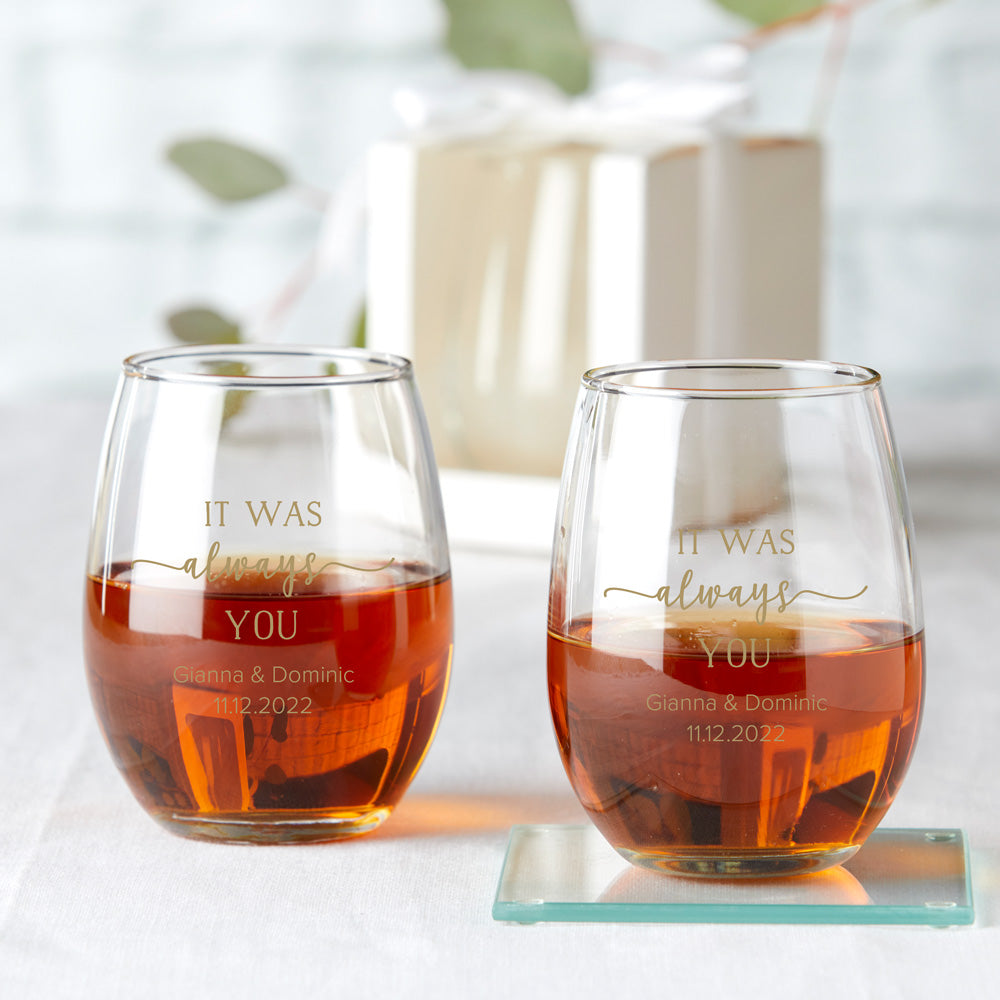 Personalized Wedding 9 oz. Stemless Wine Glass (Gift Box ...