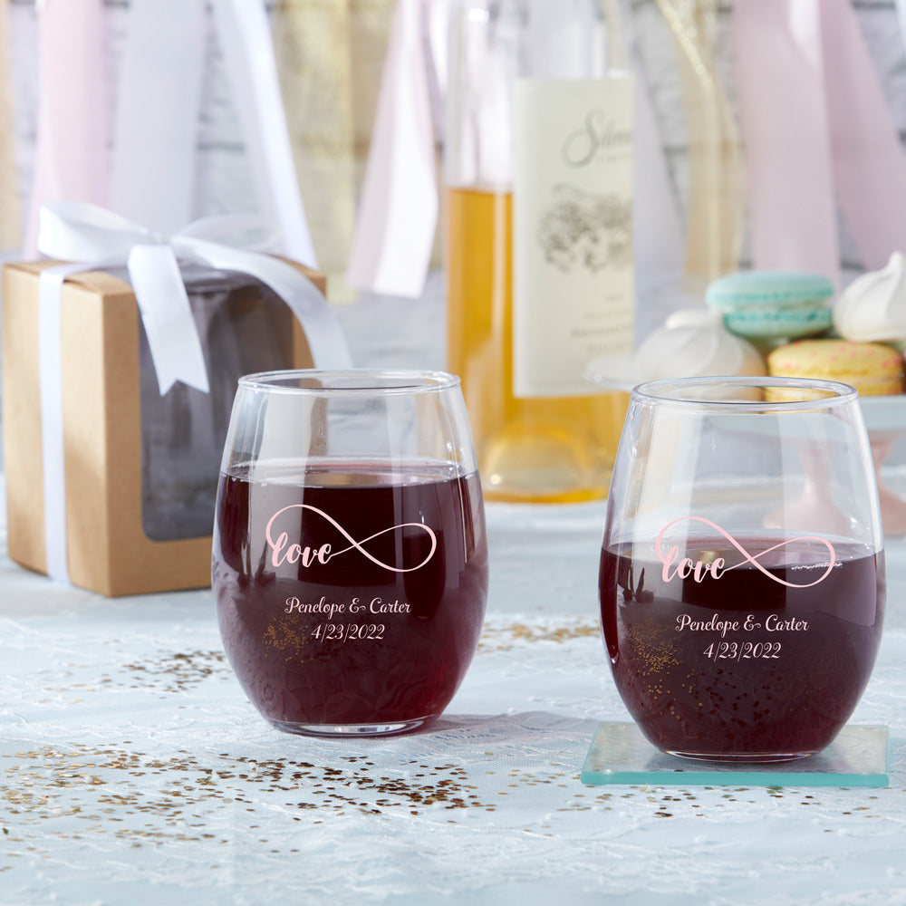Personalized Wedding 9 oz. Stemless Wine Glass (Gift Box
