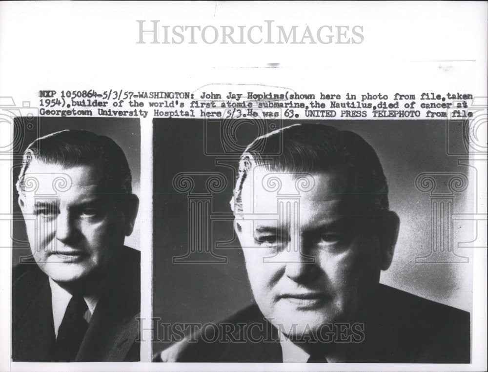 1957 Press Photo Builder Of 1st <b>Atomic Submarine</b> John Jay Hopkins - Historic ... - RSB63607_b74d854b-396c-456d-a4c0-911fe0ffe5b2