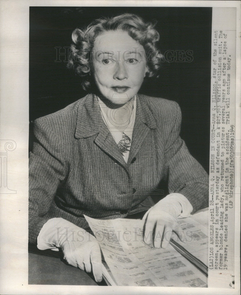 1949 Press Photo Anna Q. Nilsson Silent Film Actress Court Traffic Acc ...