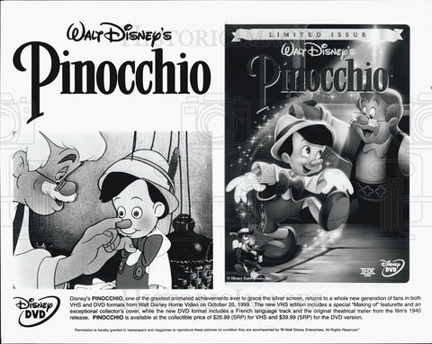 1999 Press Photo Advertisement for Disney's "Pinocchio" release to dvd. - Historic Images