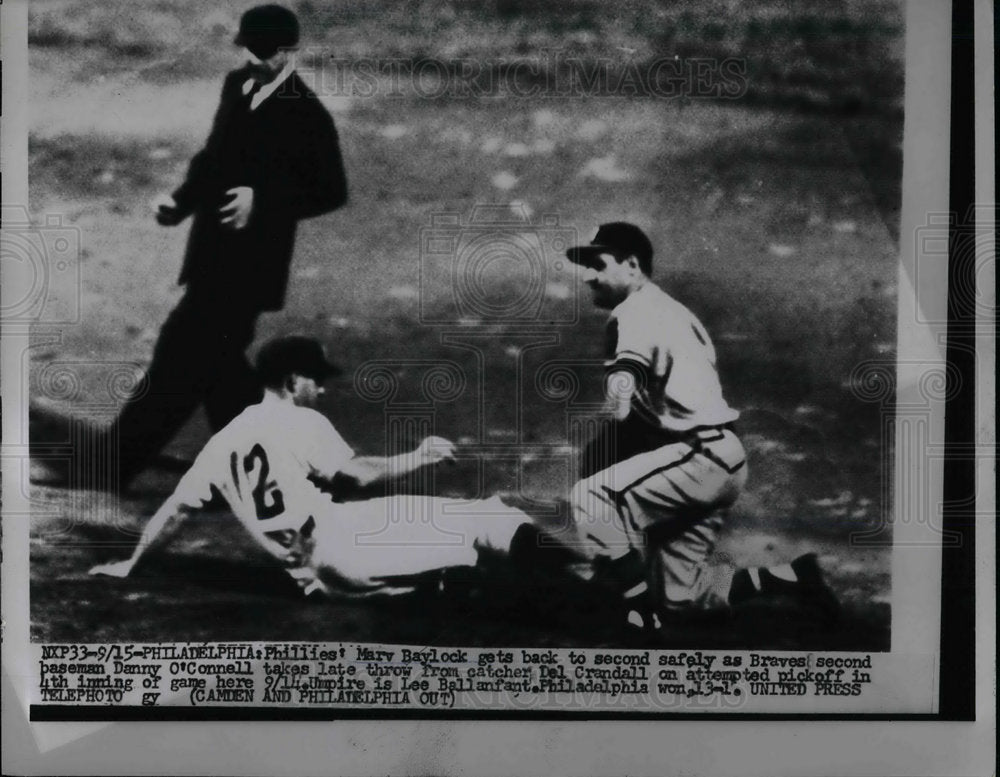 1956 Press Photo Phils Marv Baylock vs Braves Danny O'Connell-Historic Images