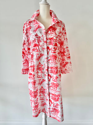 Waverly Shirt Dress in Red and White Pawleys Toile - Susan Albright 