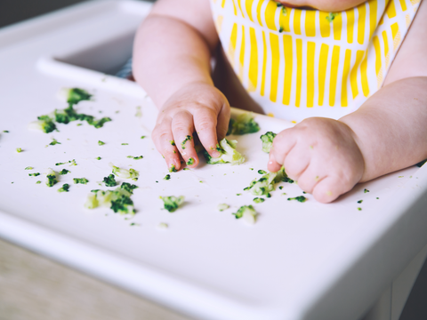 Bébé mange des légumes en petite quantité.
