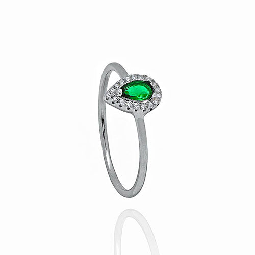 Sterling Silver Cubic Zirconia and Pear Shaped Emerald Set Ring