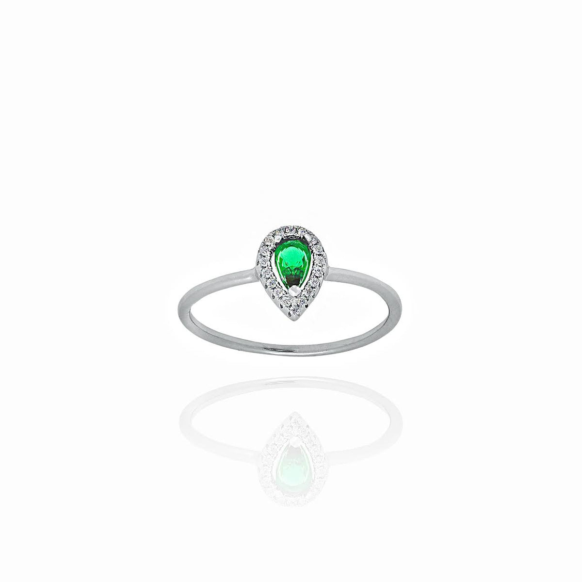 Sterling Silver Ring set with Synthetic Pear Shaped Emerald and Cubic Zirconia