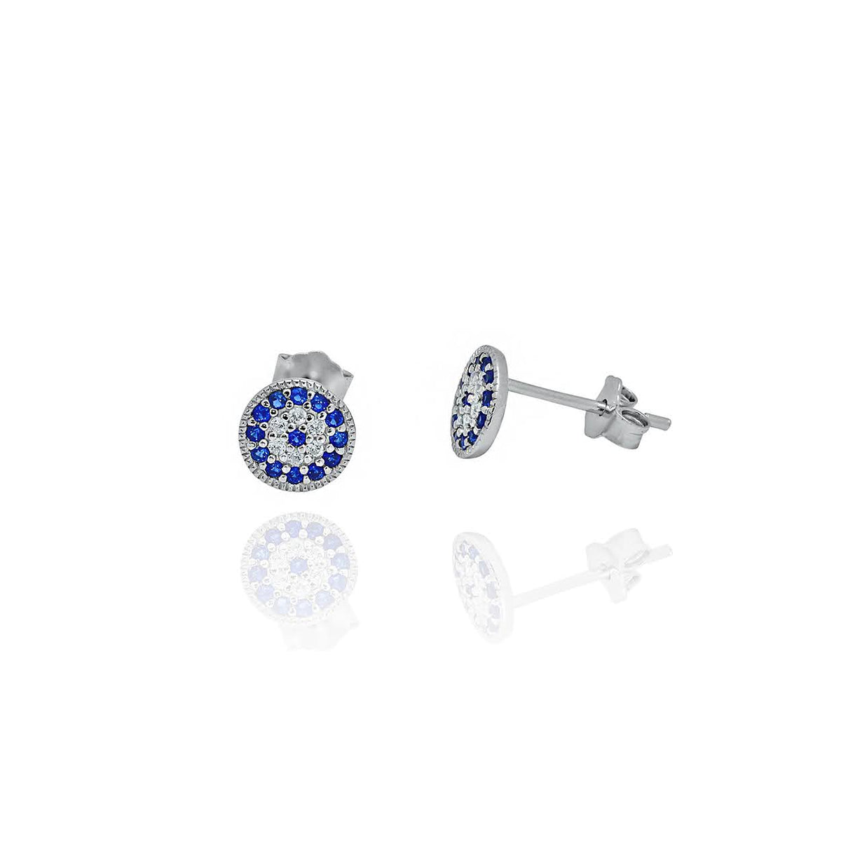 Sterling Silver Sapphire and Cubic Zirconia Disc Shaped Stud Earrings