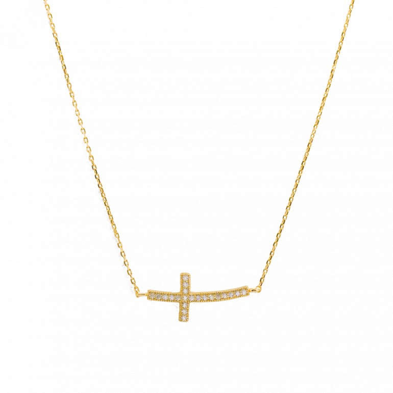 Sterling Silver 18KT Yellow Gold Plated Crystal Cross Necklace