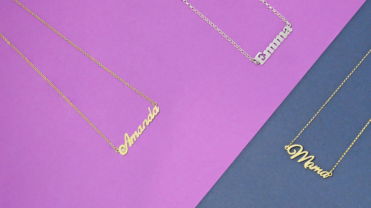 Gold Amanda and Mama Name Necklace and Silver Emma Name Necklace