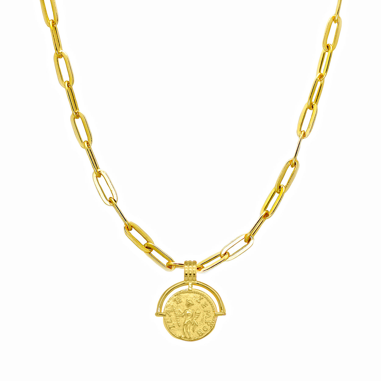 Sterling Silver 18KT Yellow Gold Plated Paper Clip Chain with Medallion Pendant